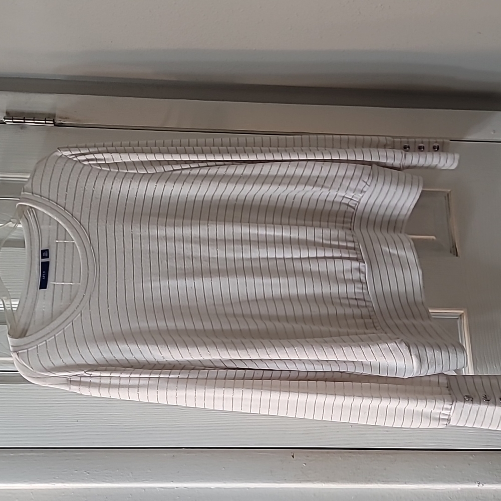 Off white long sleeve top with gold glitter stripes